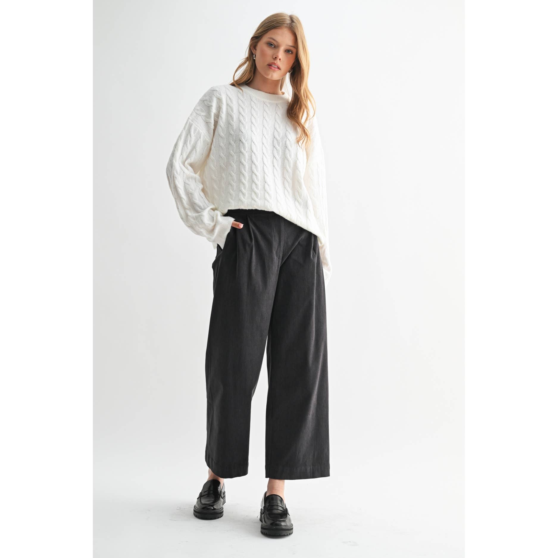 CORDUROY WIDE LEG PANTS: Charcoal