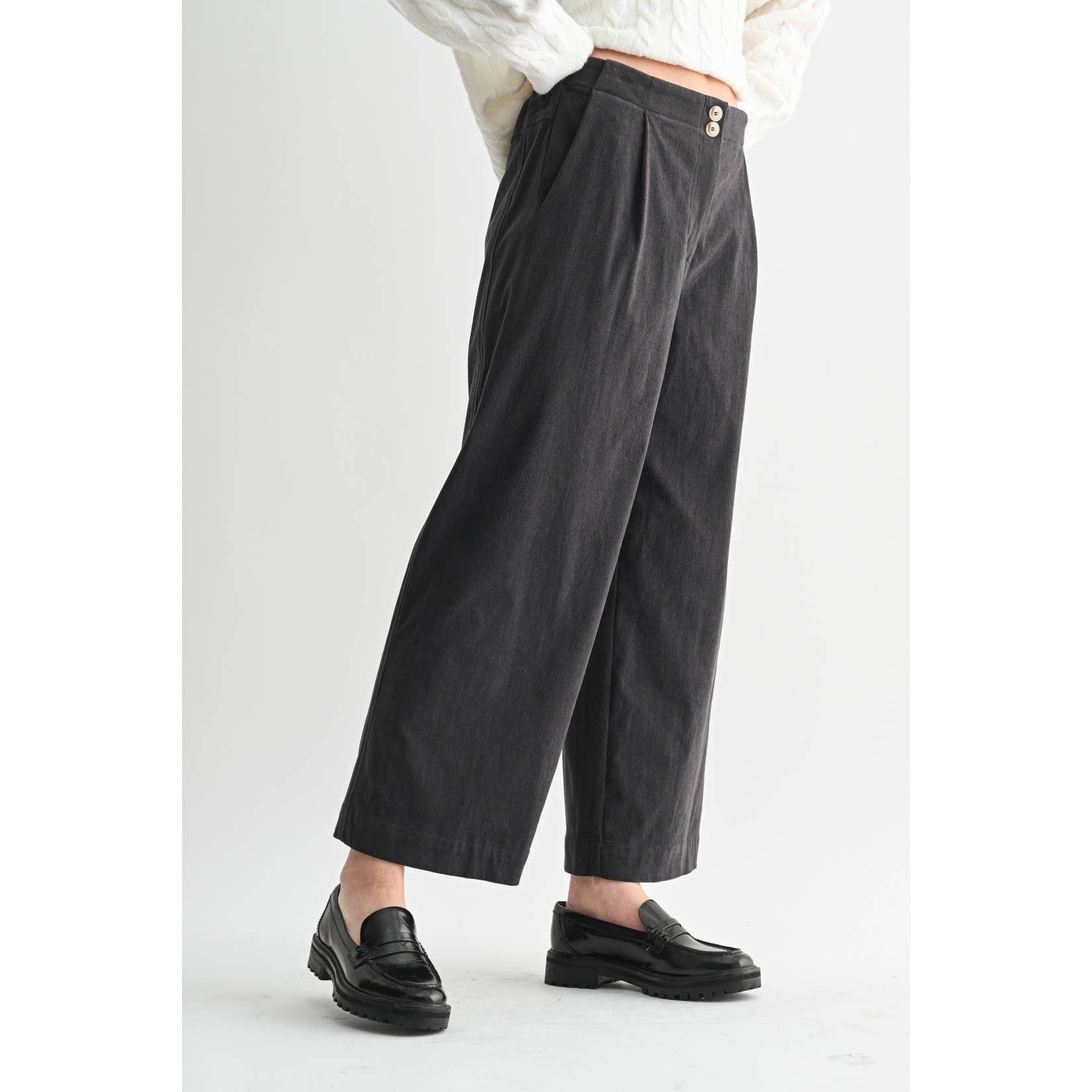 CORDUROY WIDE LEG PANTS: Charcoal
