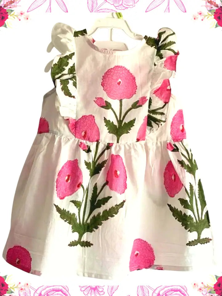 Girls Pink Floral Block Print Dress