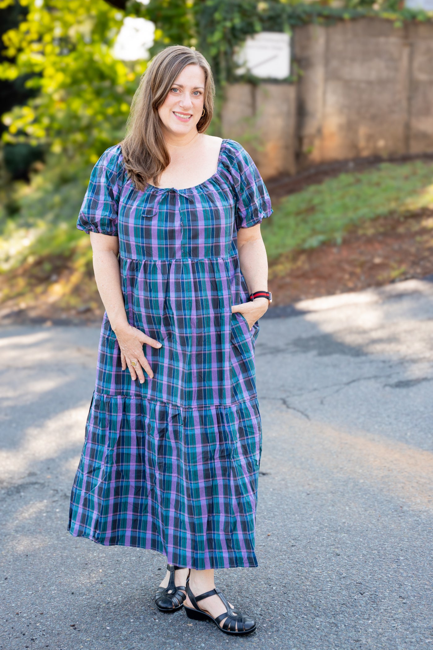 Plaid Puff Sleeve Midi Dress
