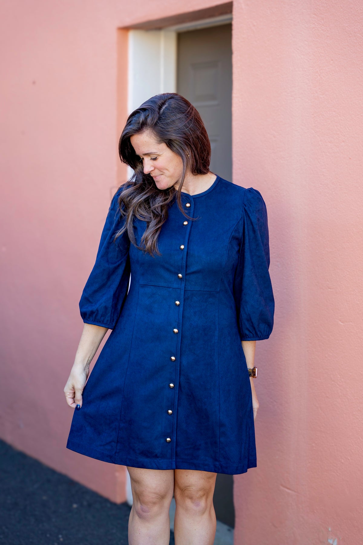 Faux Suede Gold Button Dress