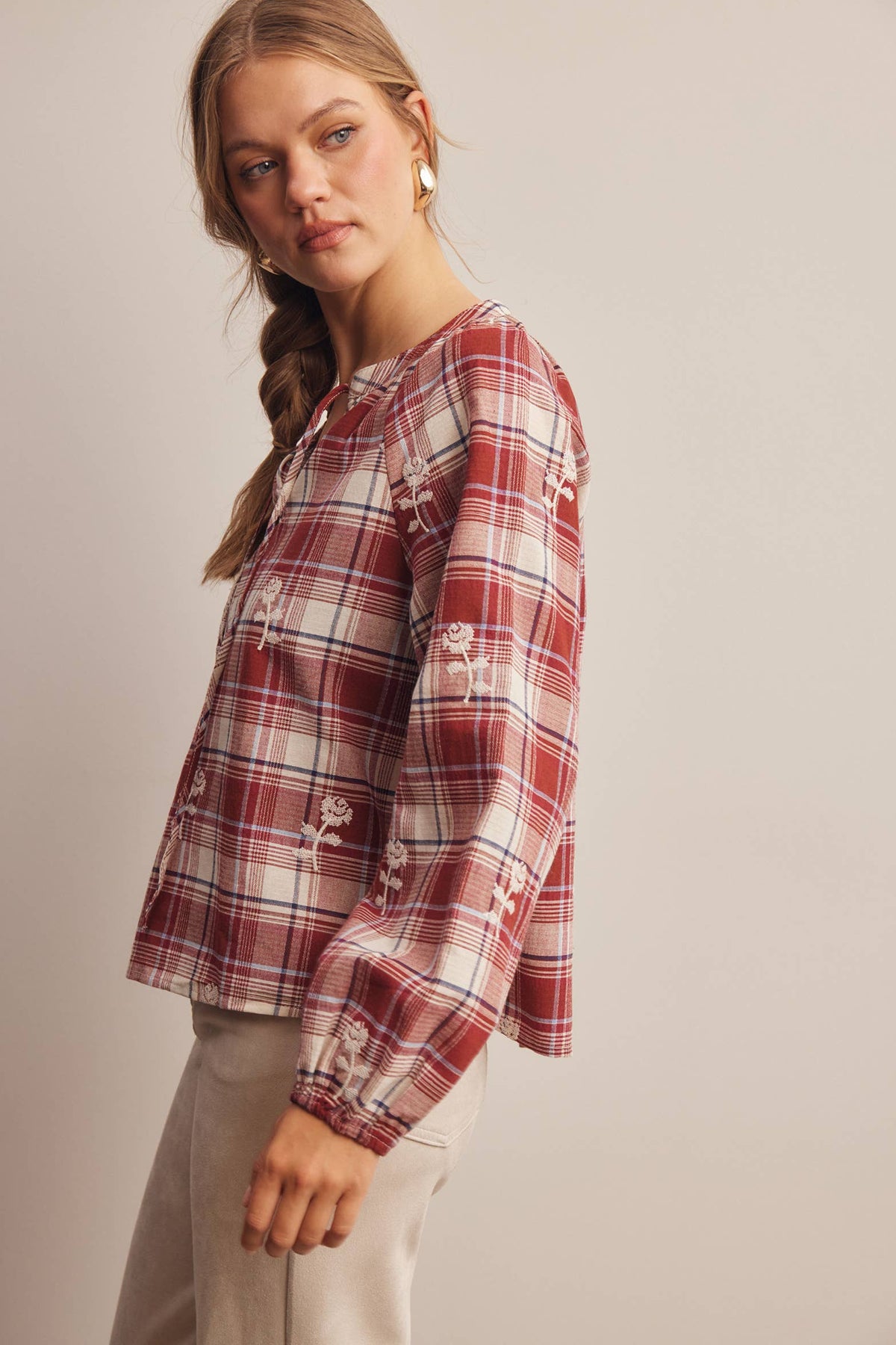 Embroidered Plaid Tie Neck Blouse
