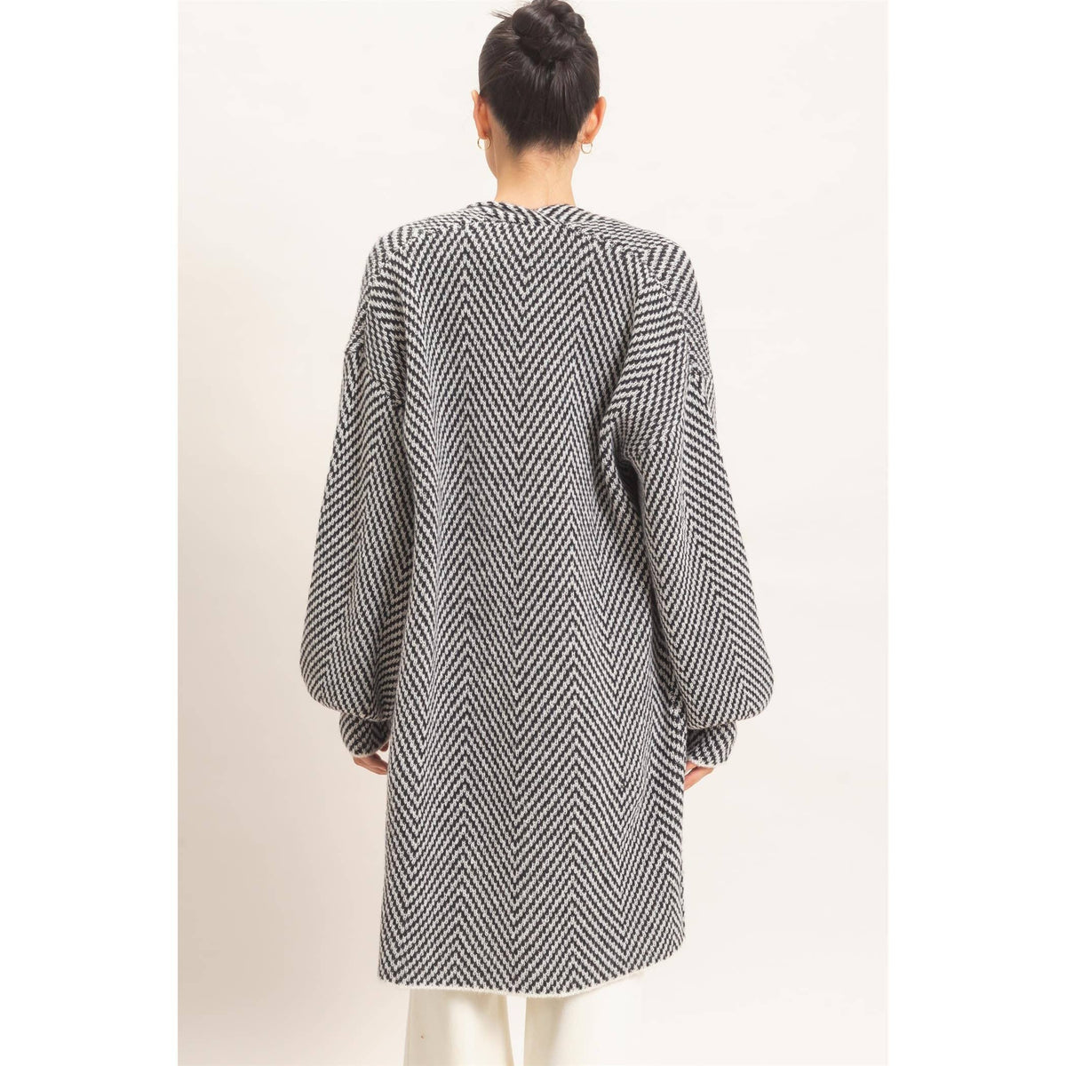 Black Herringbone Open-Front Cardigan