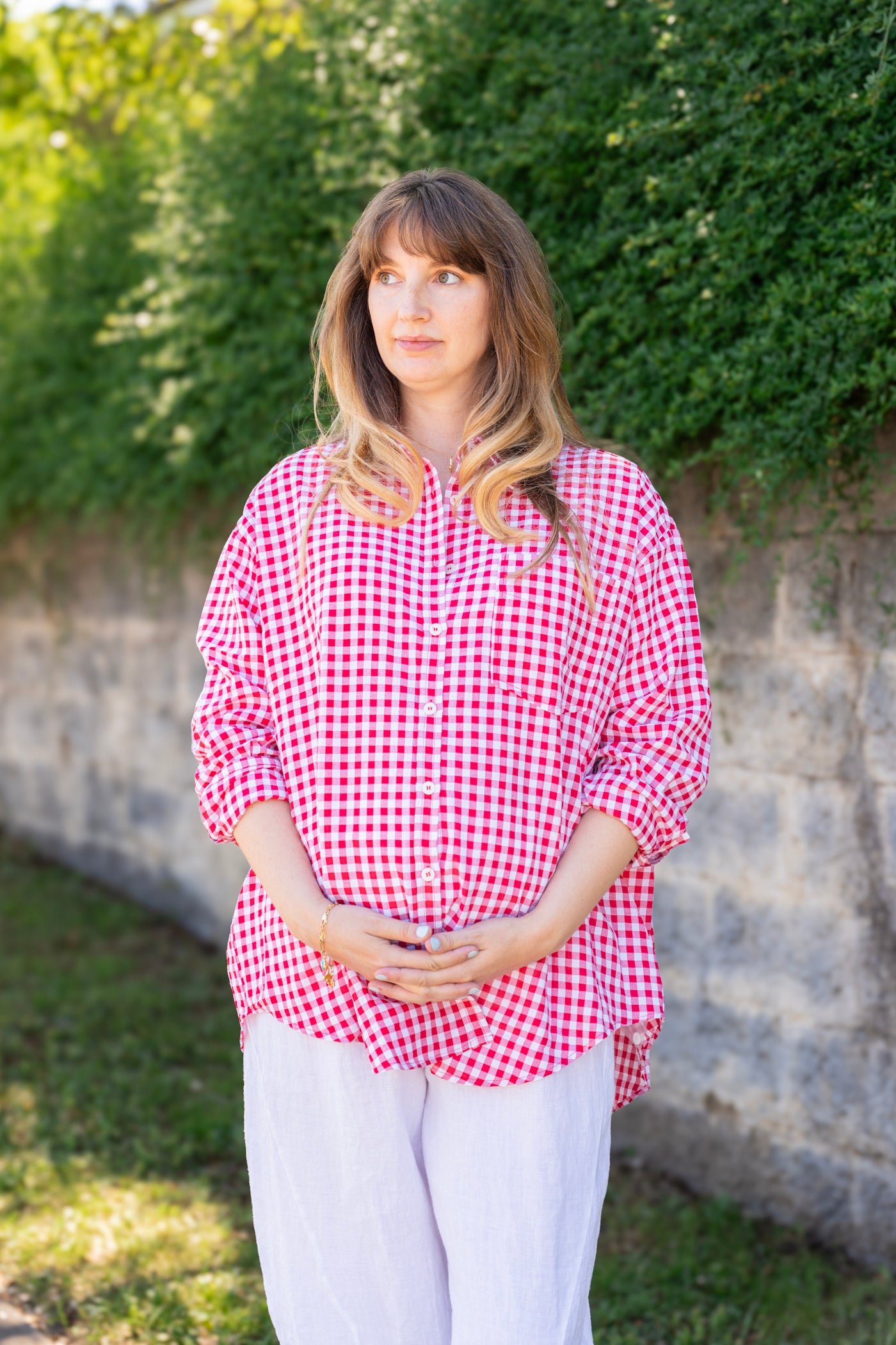 Oversized Gingham Button Down Shirt in Ruby