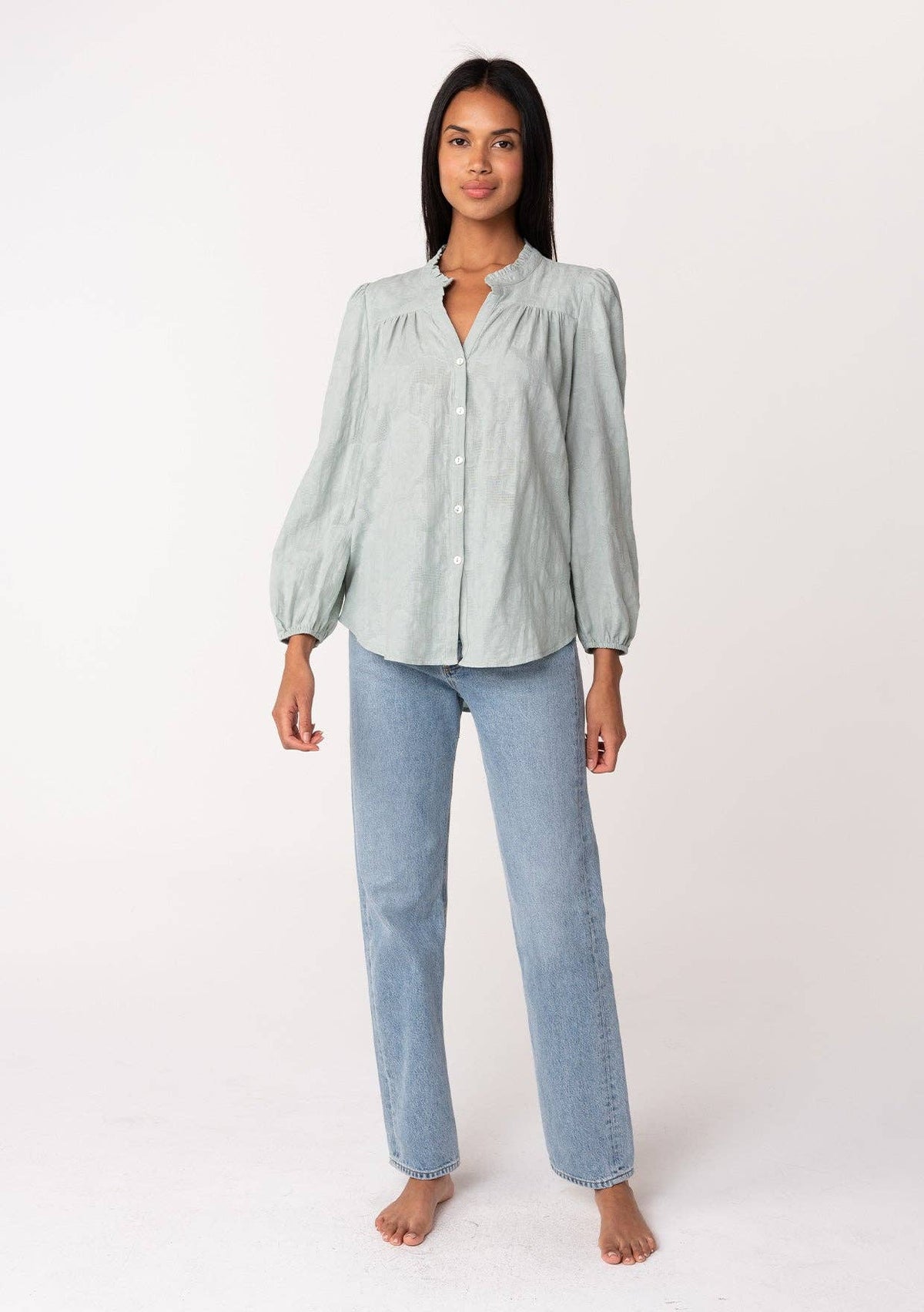 Sage Ruffle Neck Button Down Blouse