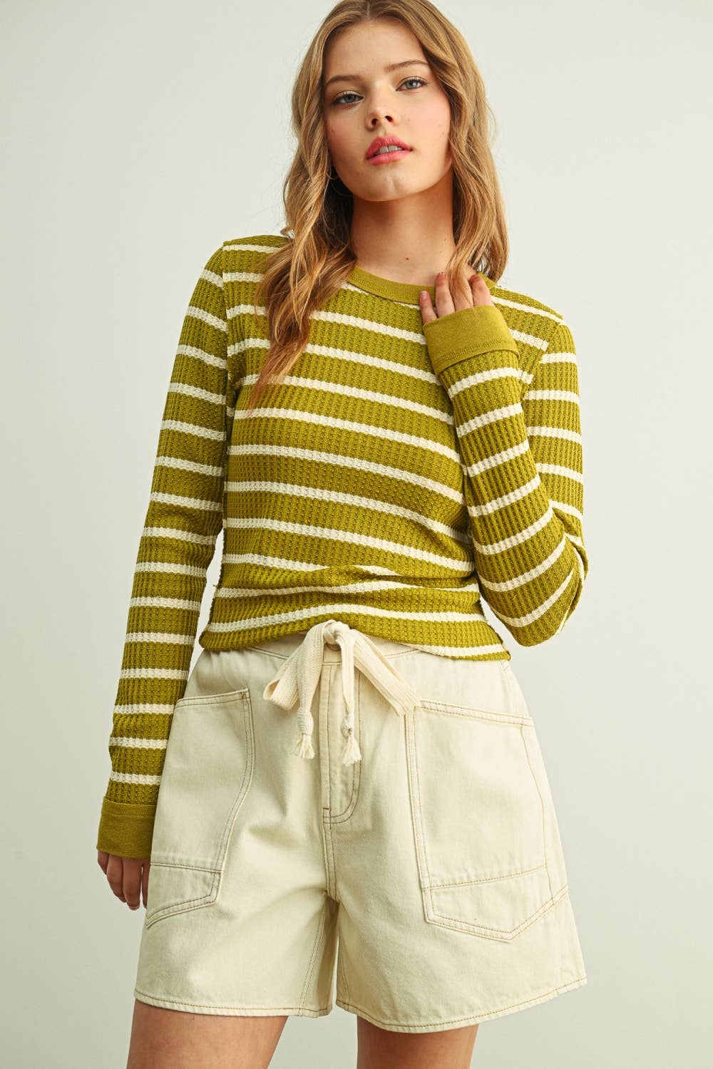 Green Olive Waffle Knit Top