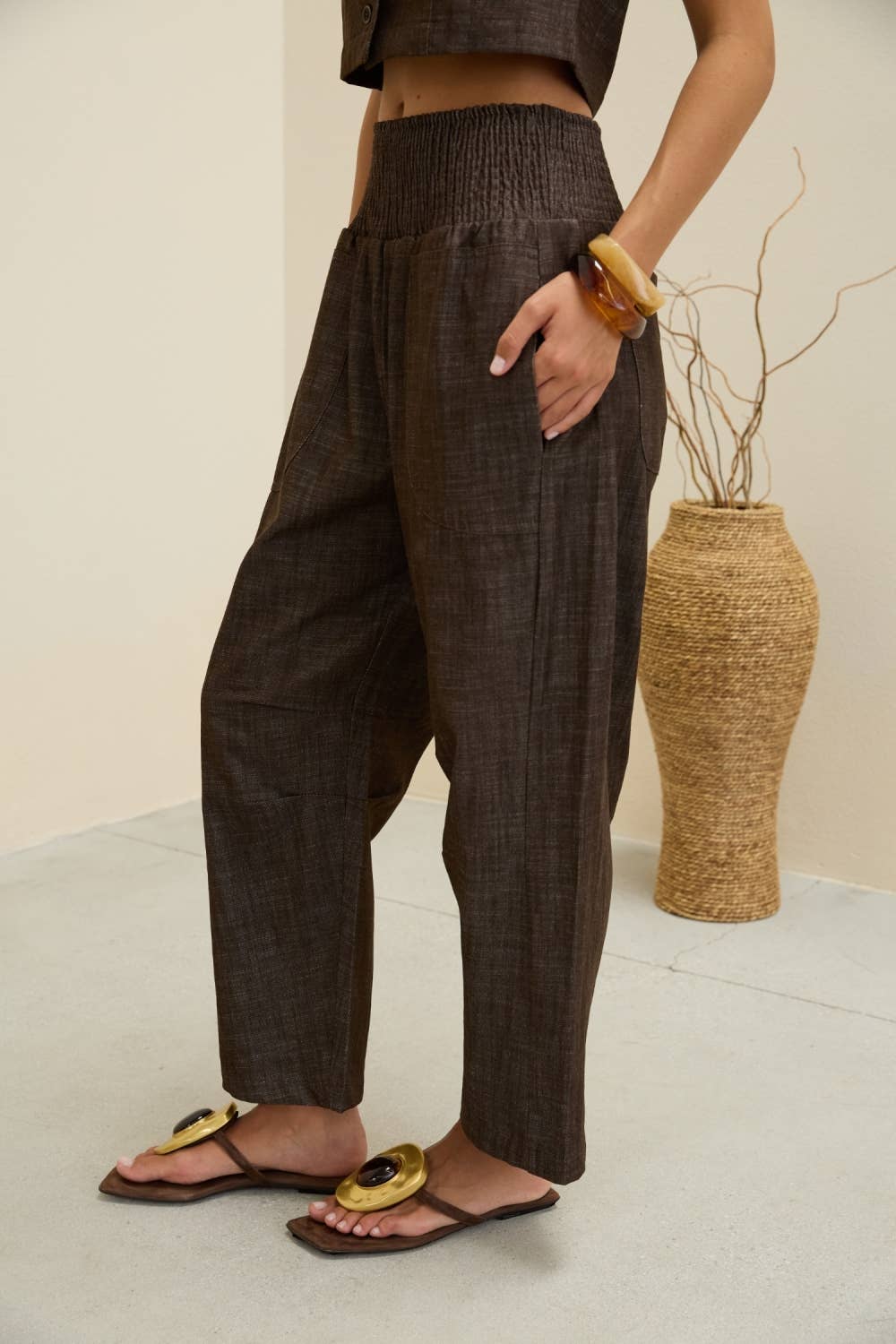Smocked Waist Straight Leg Pants in Brown