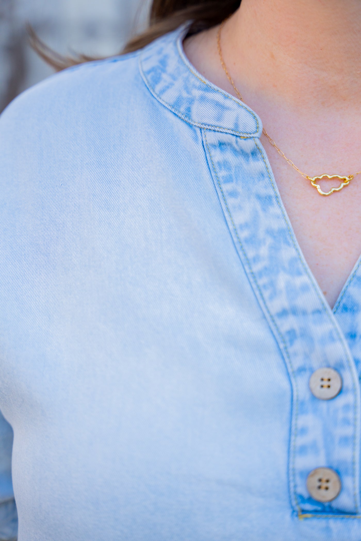 Washed Denim Split Neck Top