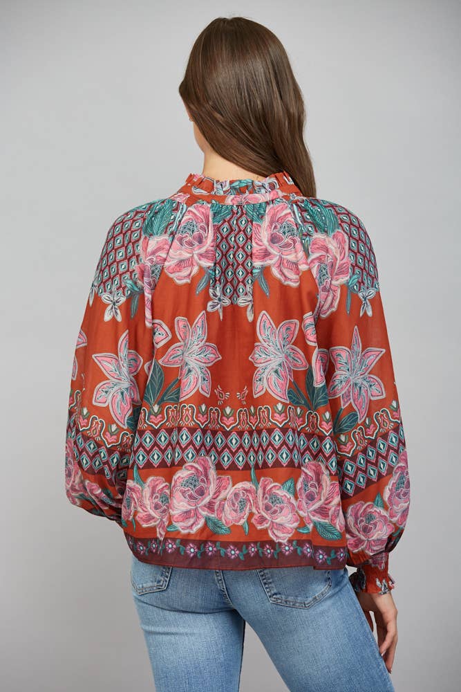 Rust Floral Tie Neck Blouse