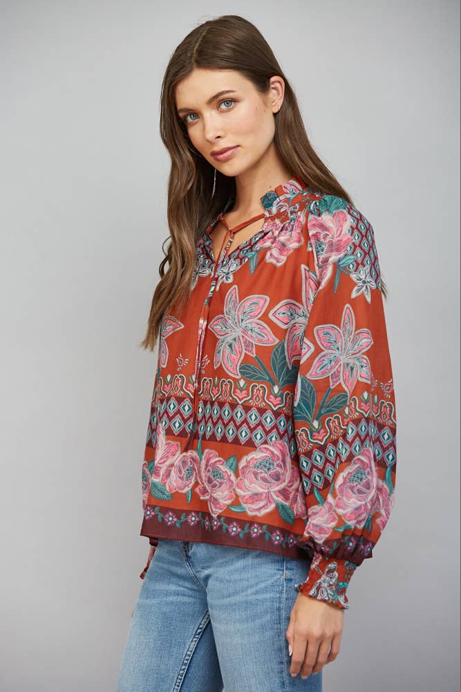 Rust Floral Tie Neck Blouse