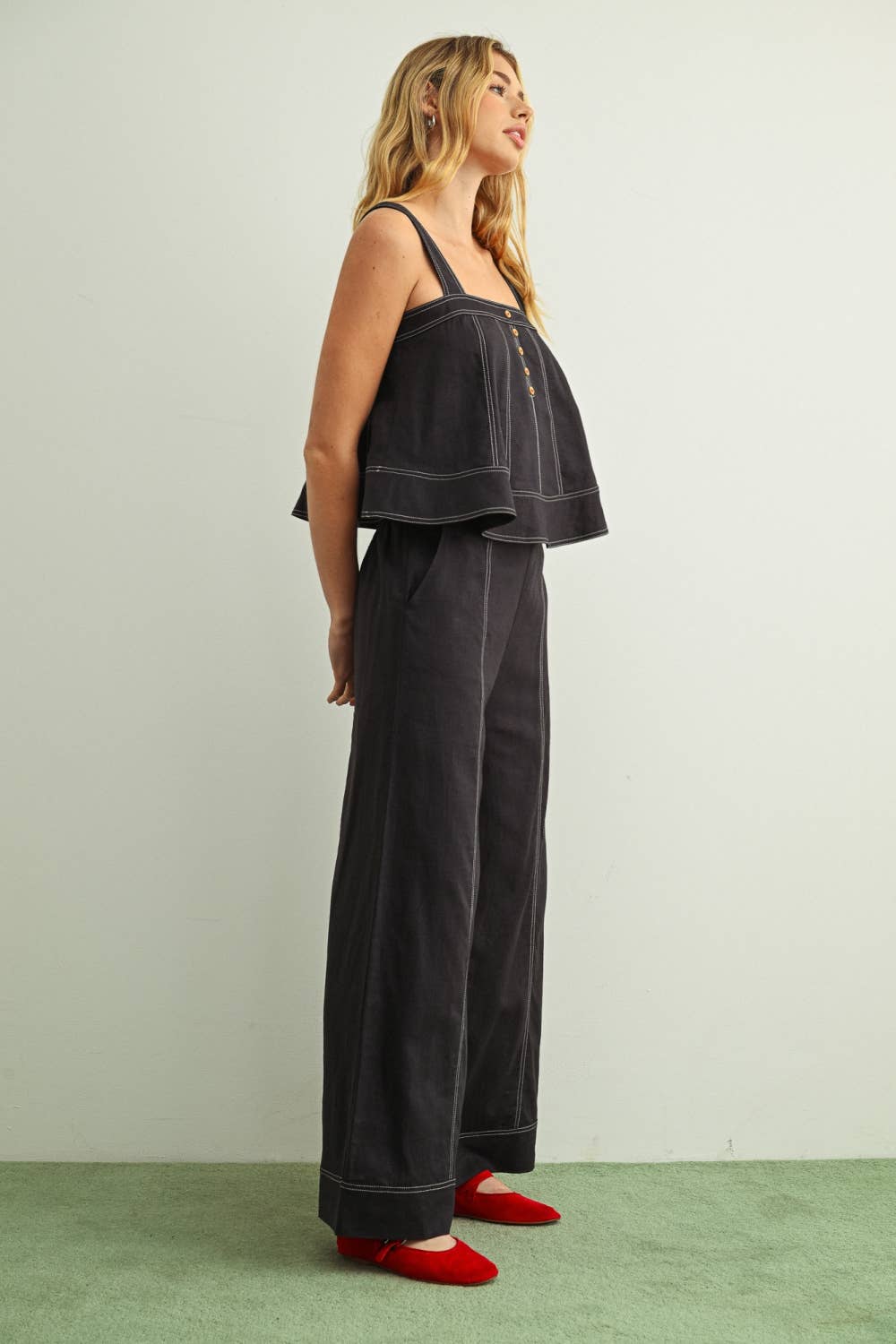 Stitch Detailed Wide Leg Linen Pants