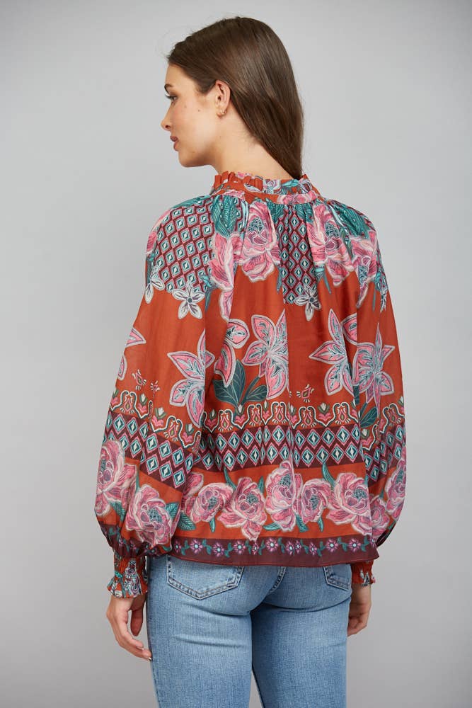 Rust Floral Tie Neck Blouse