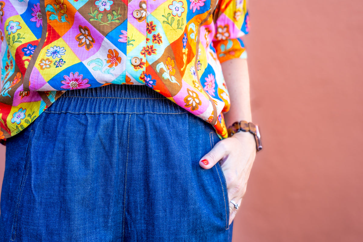 Smocked Waist Wide Leg Denim Pants in Navy