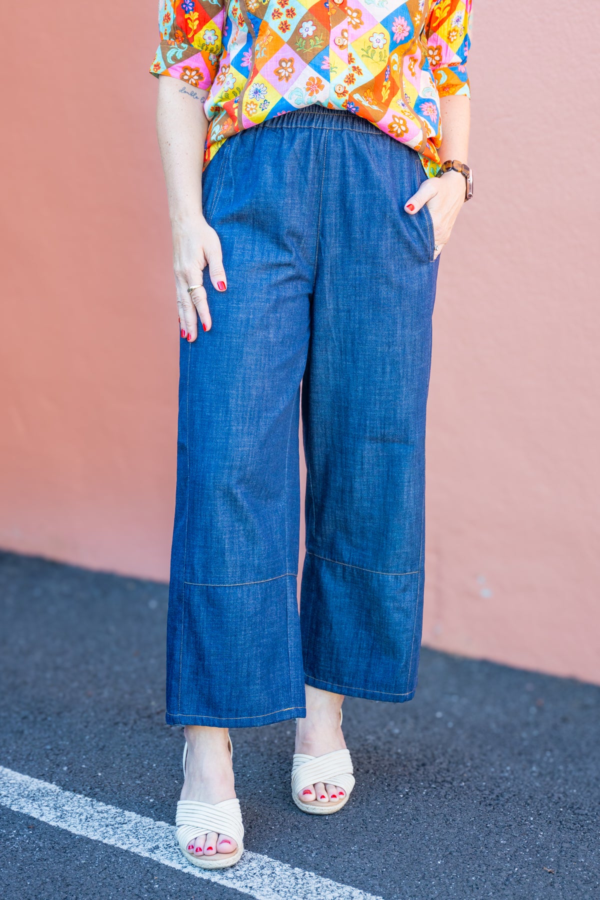 Smocked Waist Wide Leg Denim Pants in Navy