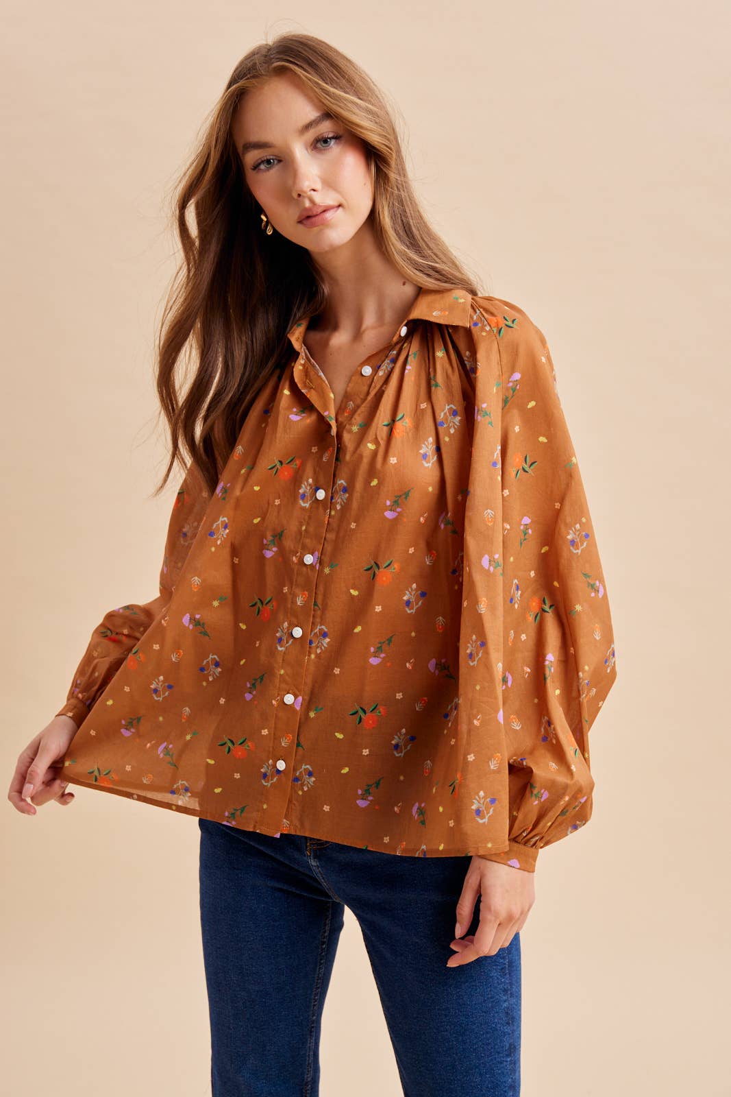 Floral Sepia Button Down Blouse