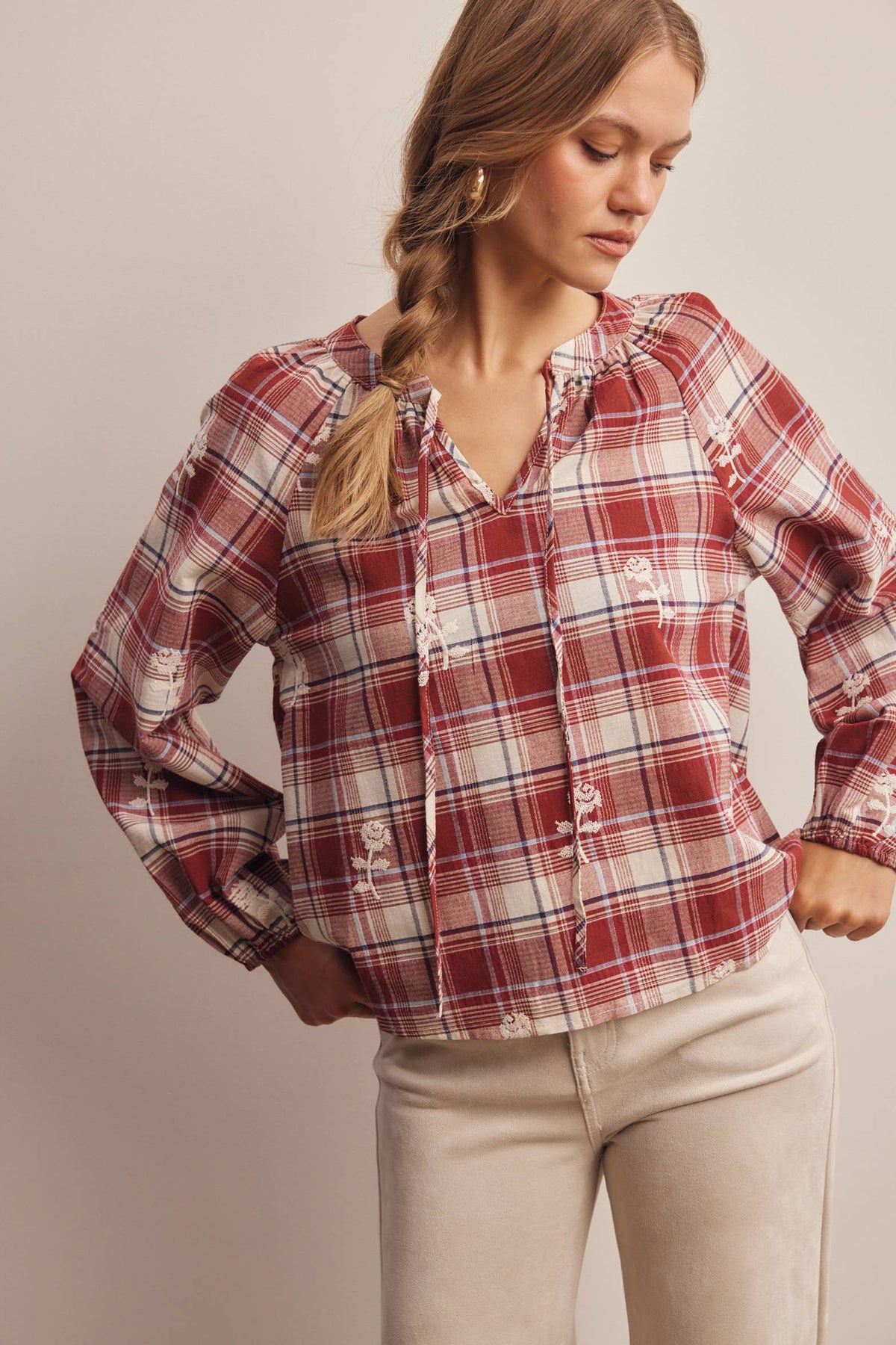 Embroidered Plaid Tie Neck Blouse
