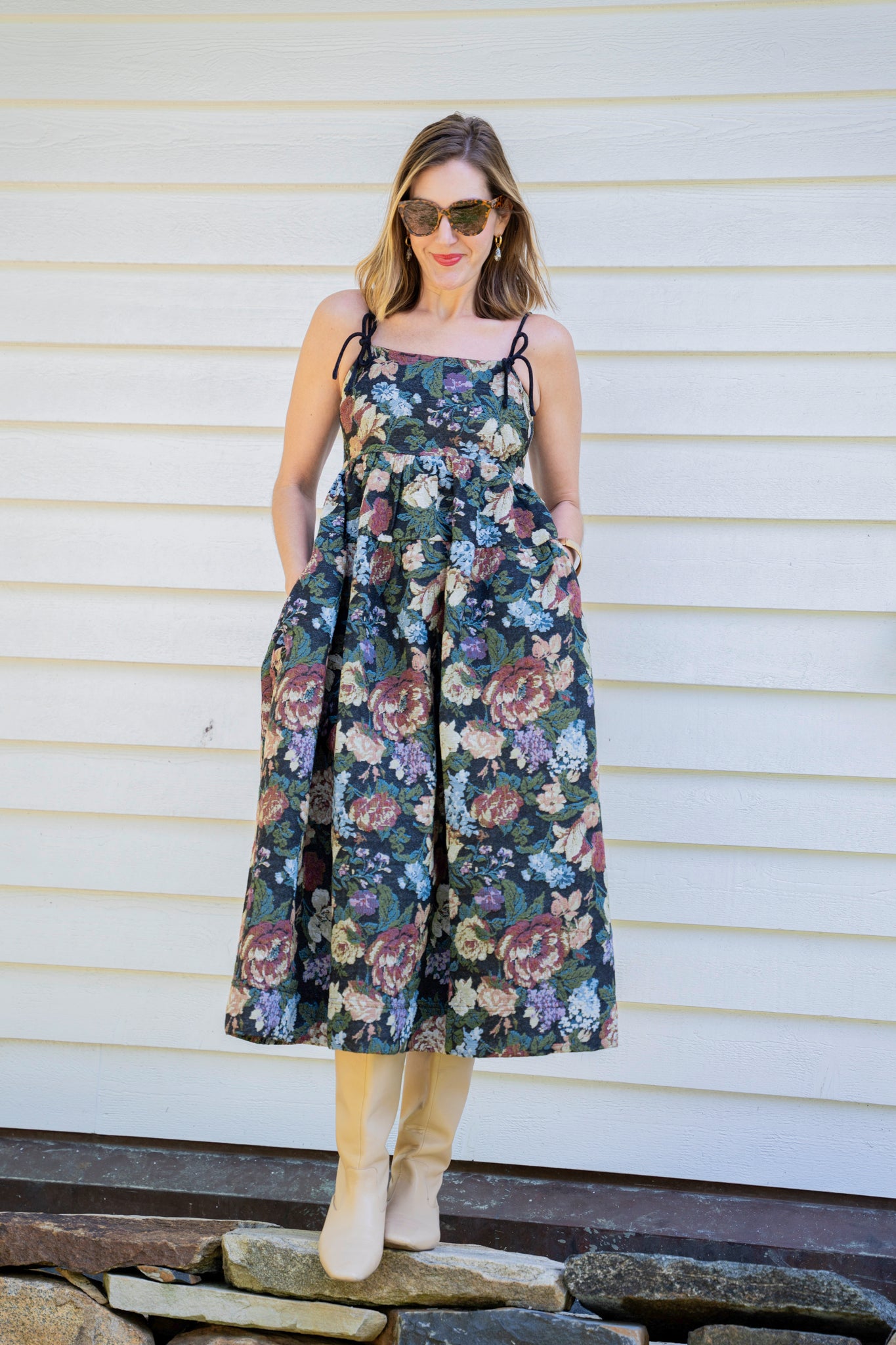 Velvet Bow Brocade Midi Dress