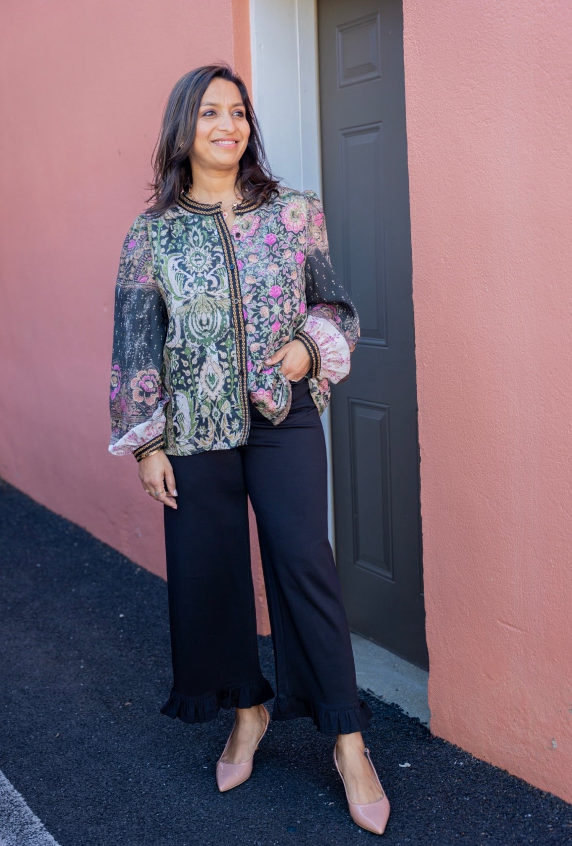 Ruffled Hem Black Pants