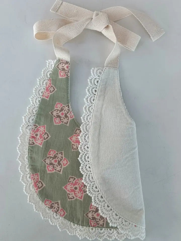 Reversible Off-White Corduroy Solid Color & Sage-Green Floral Printed Baby Bib