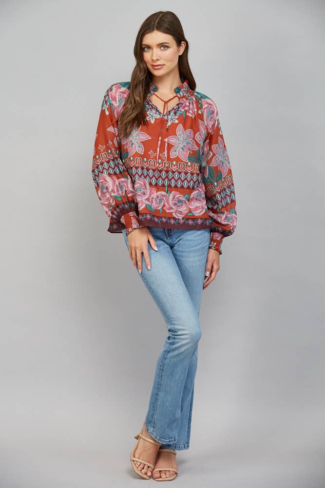 Rust Floral Tie Neck Blouse