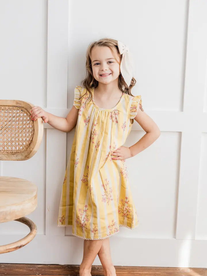 Yellow Stripe Cherry Blossom Flutter SLV Dress