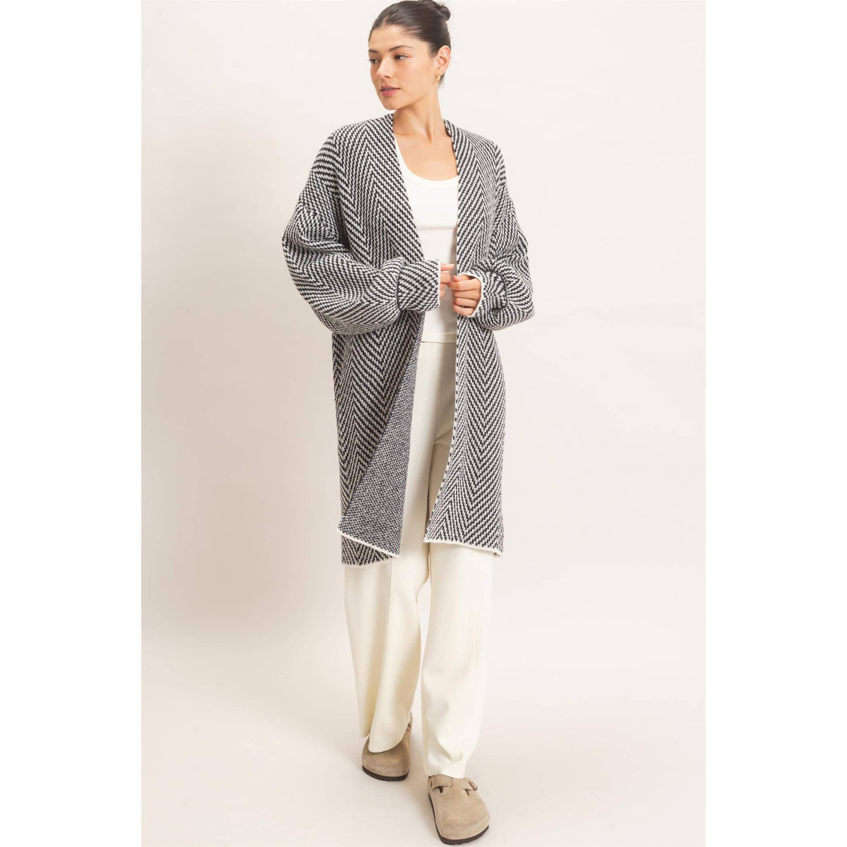 Black Herringbone Open-Front Cardigan