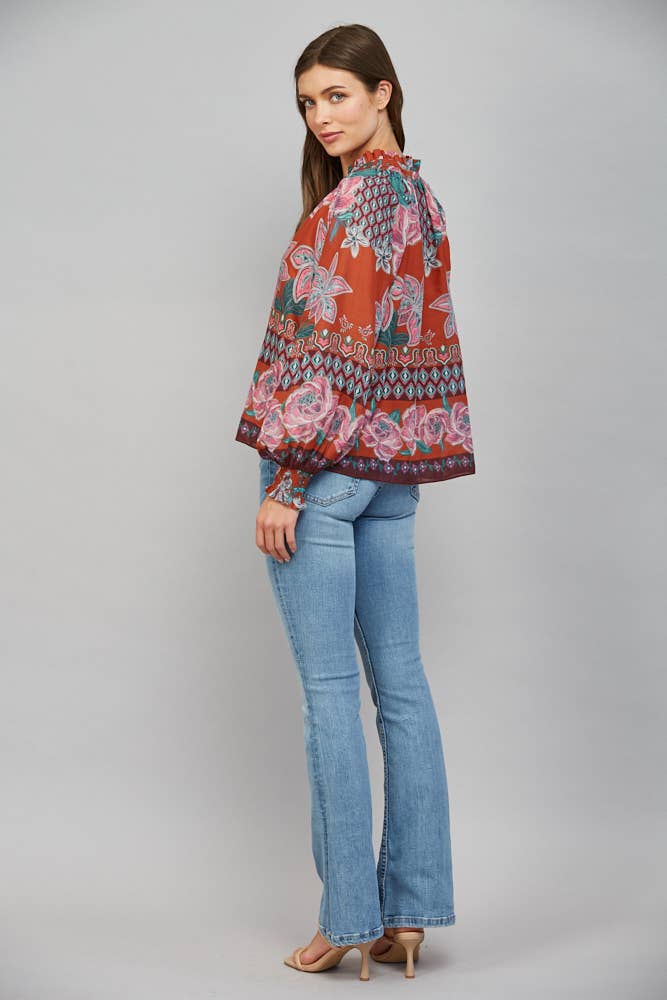 Rust Floral Tie Neck Blouse