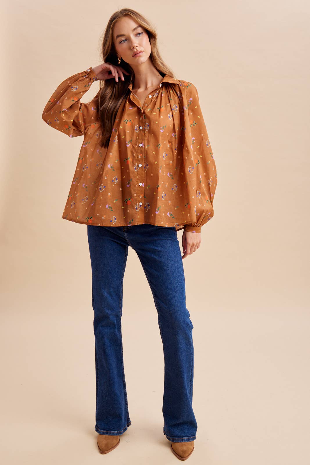 Floral Sepia Button Down Blouse
