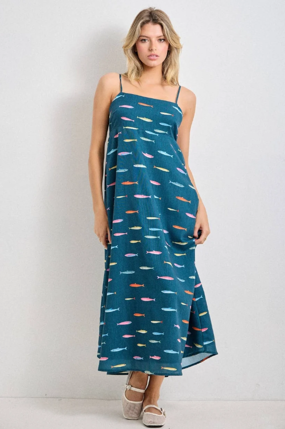 Teal Fishies Midi Dress
